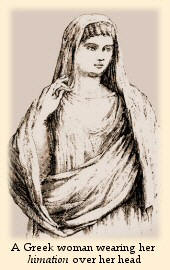 a Greek woman wearing a himation over her head